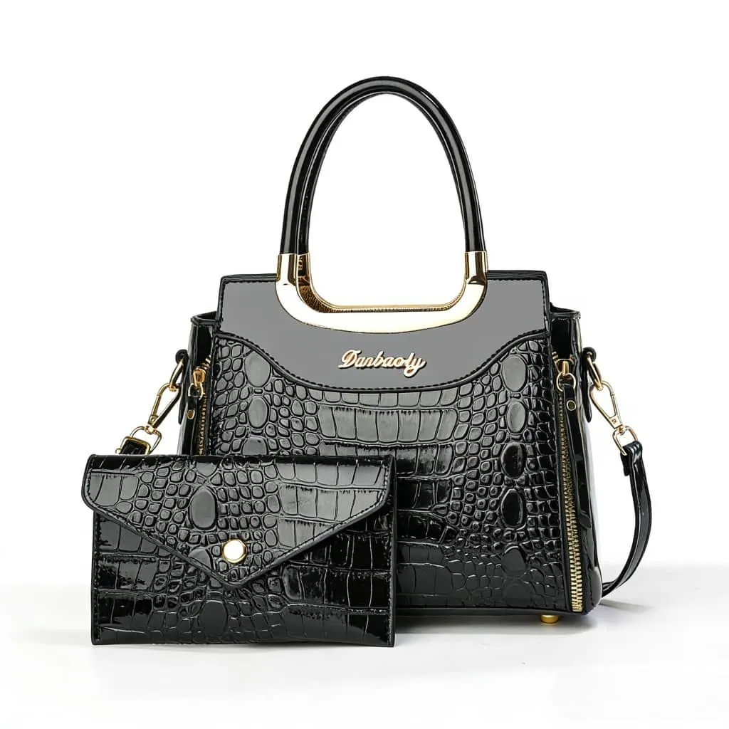Glossy Patent Leather Handbags Purses for Women Satchel Crocodile Pattern - Black