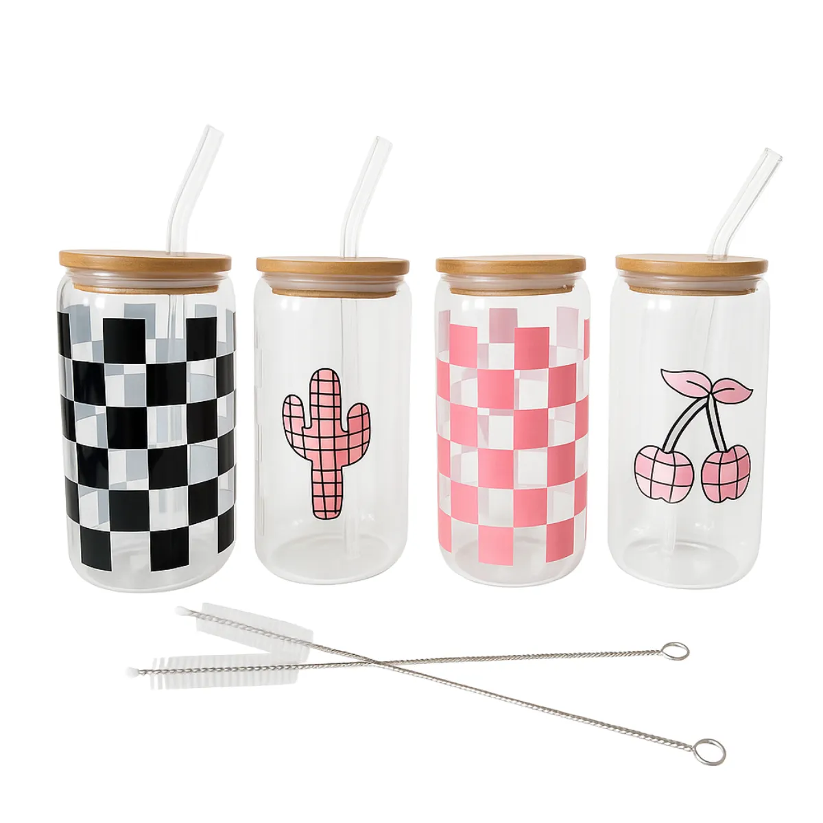 Nordic Glass Set with Bamboo Lids and Straws - 420ml - 4 Piece - Cherry Rodeo