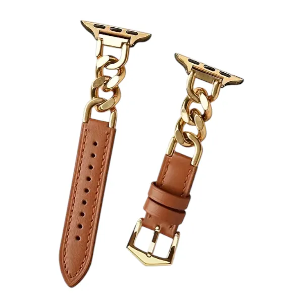 PU Leather & Gold Chain Strap for Smartwatches - 42/44/45/49mm - Brown