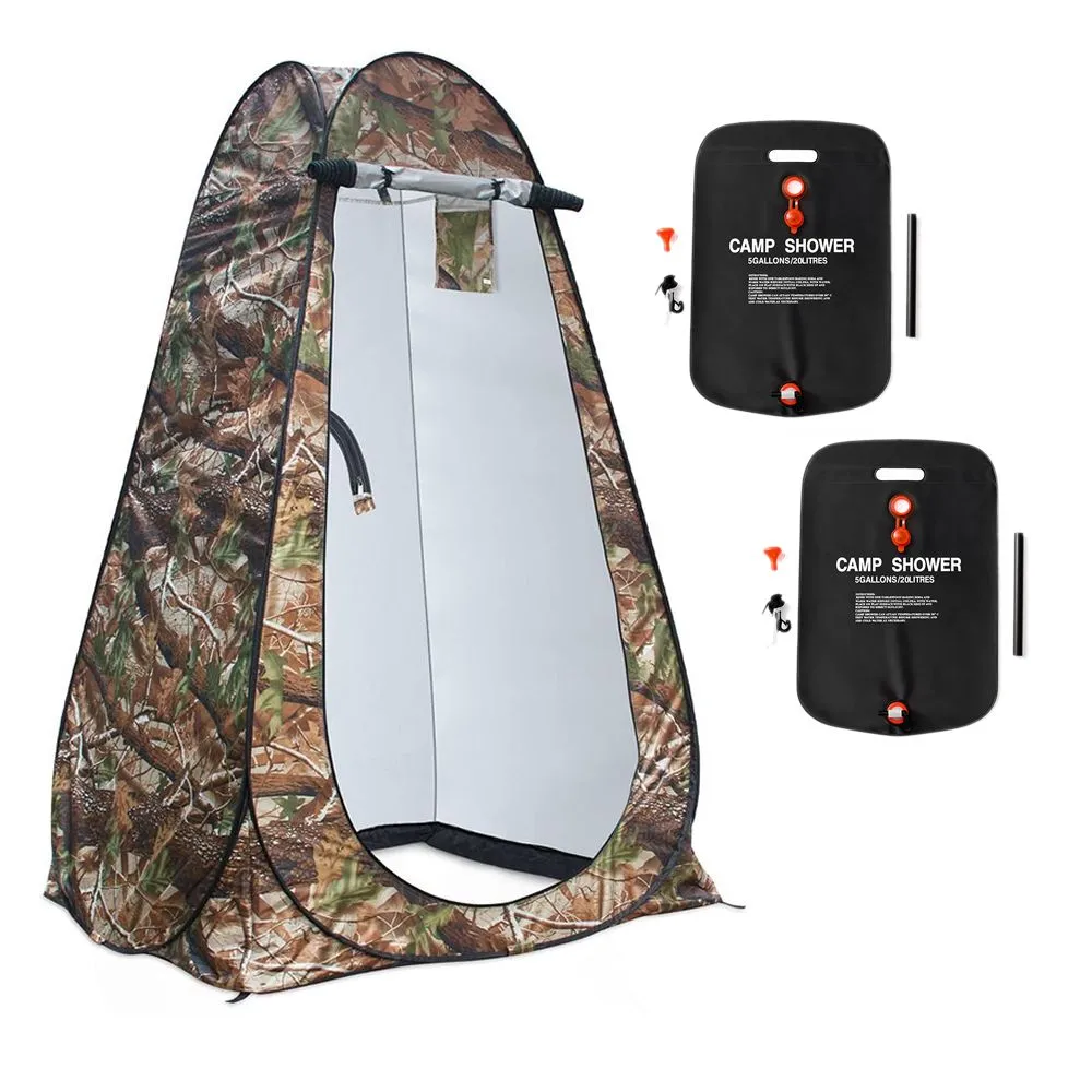 Pop-Up Camping Shower Tent With 2 Sun Showers (150 x 150 x 190CM) - Camo