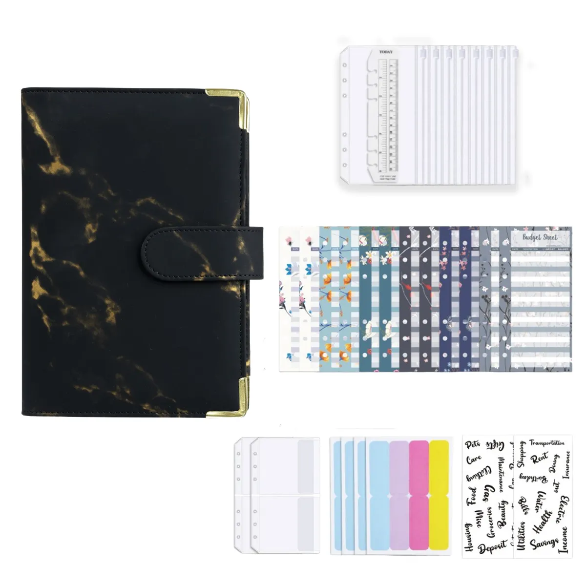 A6 Binder Budget Planner 6 Holes Ring Binder PU Leather Notebook Folde Set - Black