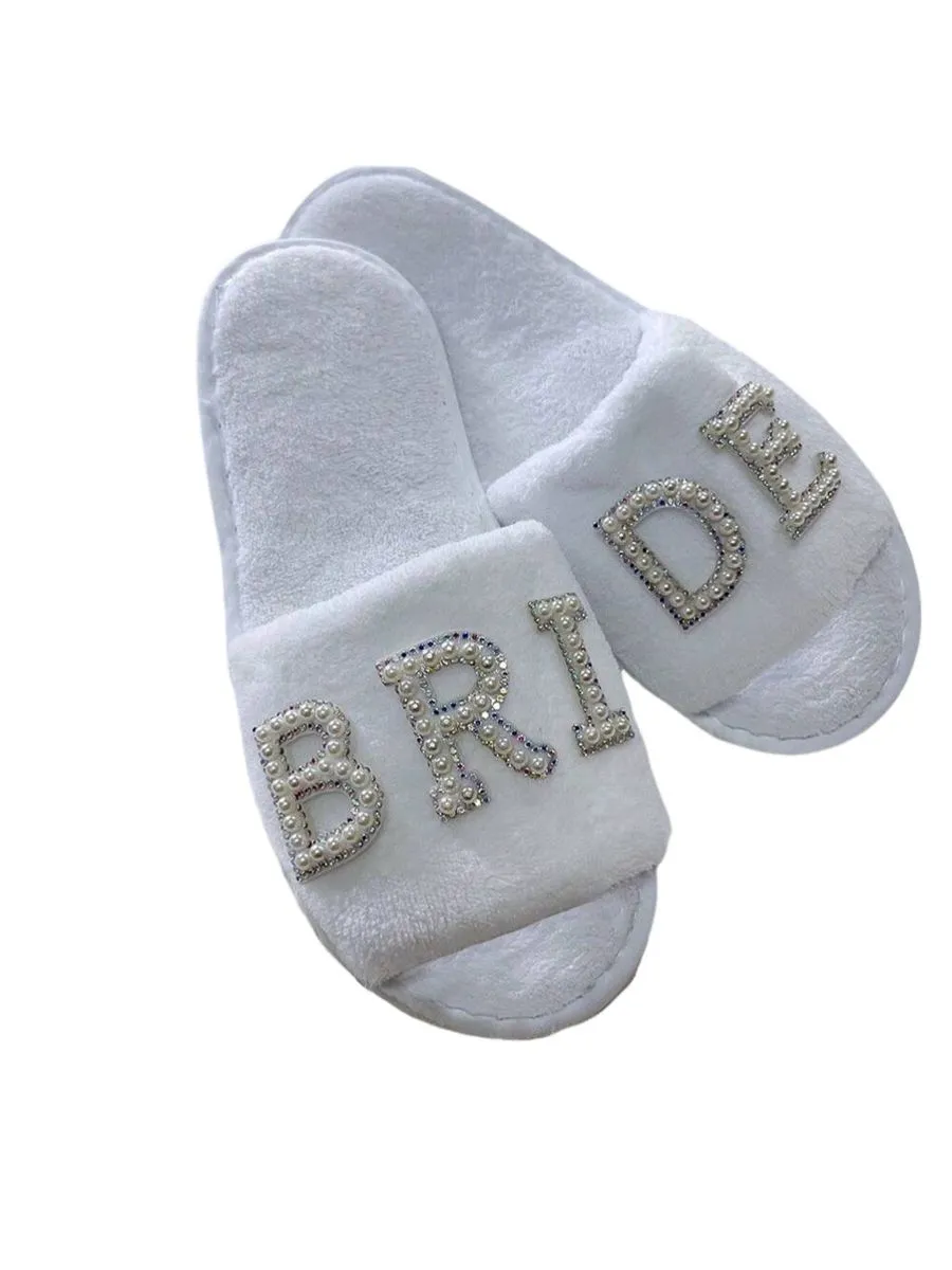 Bride's Slippers With Faux Pearl And Crystal Letters