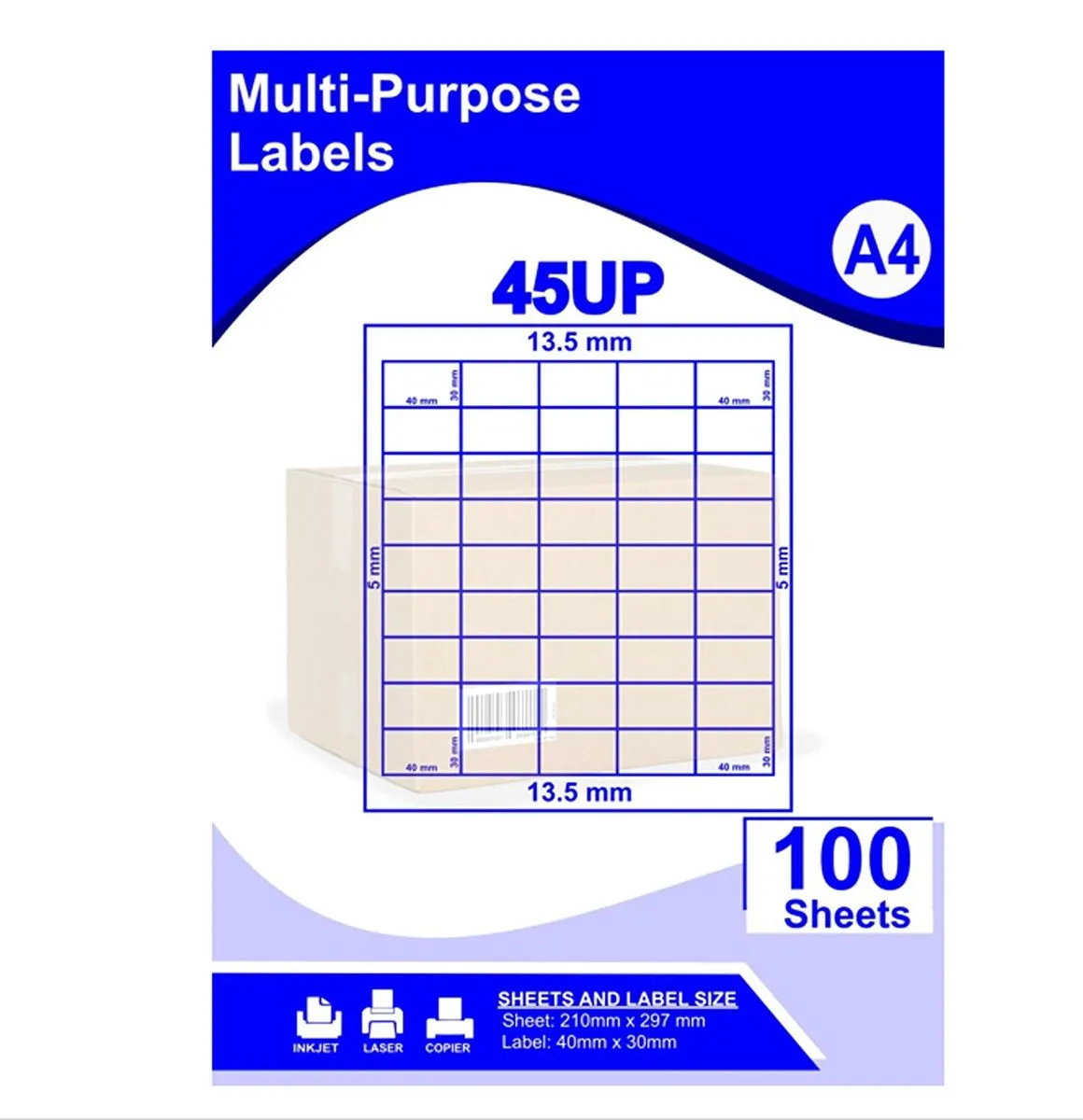 45 up / 45up A4 - 100 Sheets Barcode Self Adhesive Label