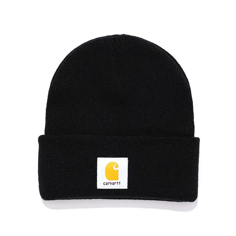 Woven Label Knit Hat, Fashionable Beanie for Spring and Autumn without Brim - Black