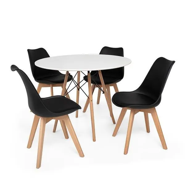 Dining Sets - Round Dining Table with Four Padded Chairs - Black, White