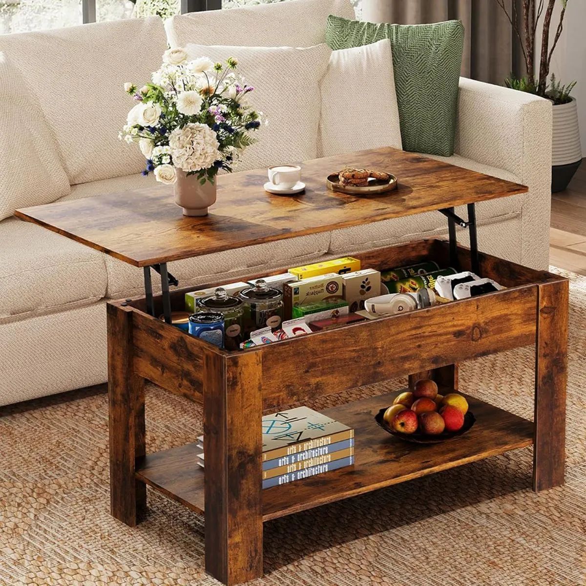 Coffee Table Lift Top Side Table Home Office Center Table Hidden Storage - Antique Wood