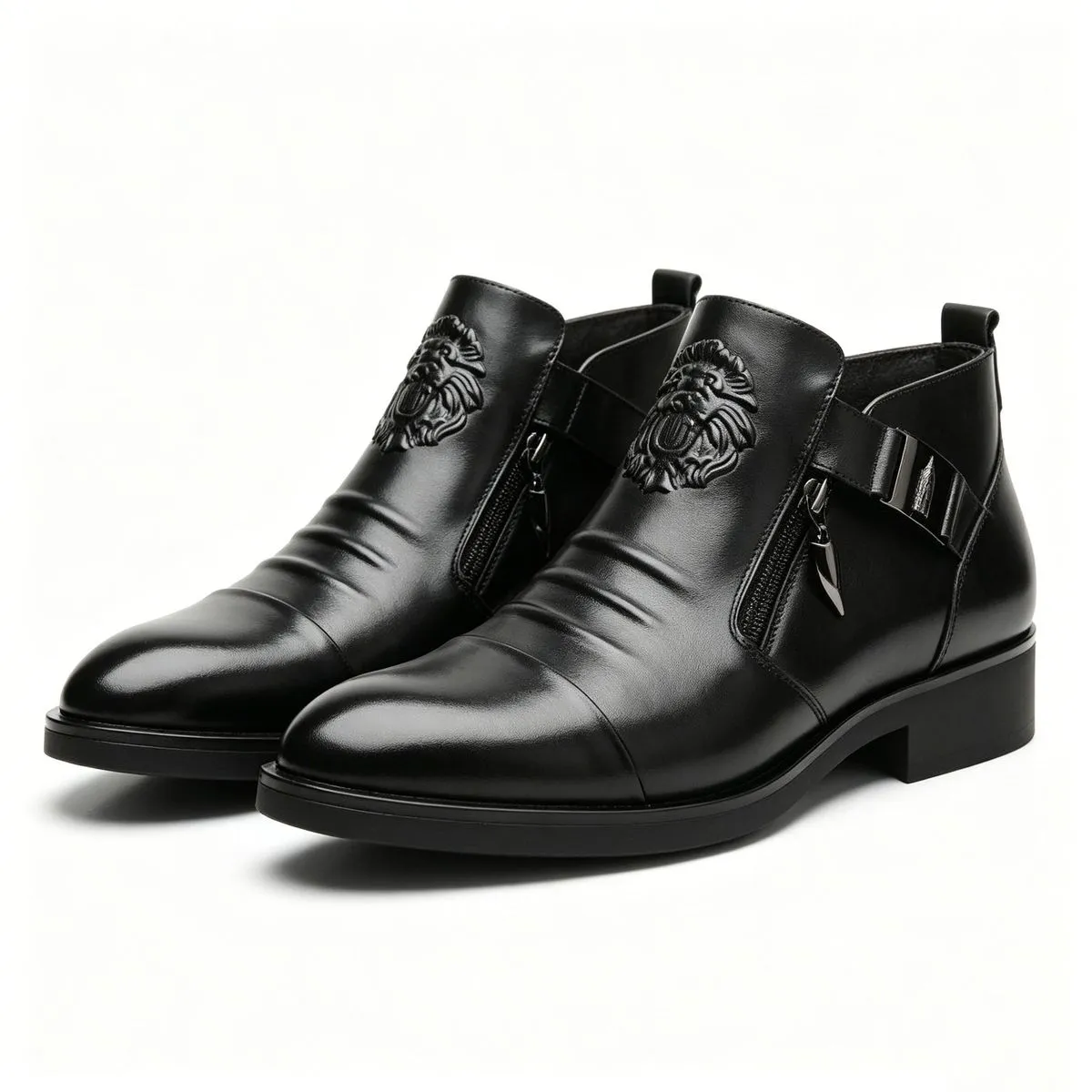 Men's Wedge Work Boots with Side Zipper - Waterproof Leather Motorcycle