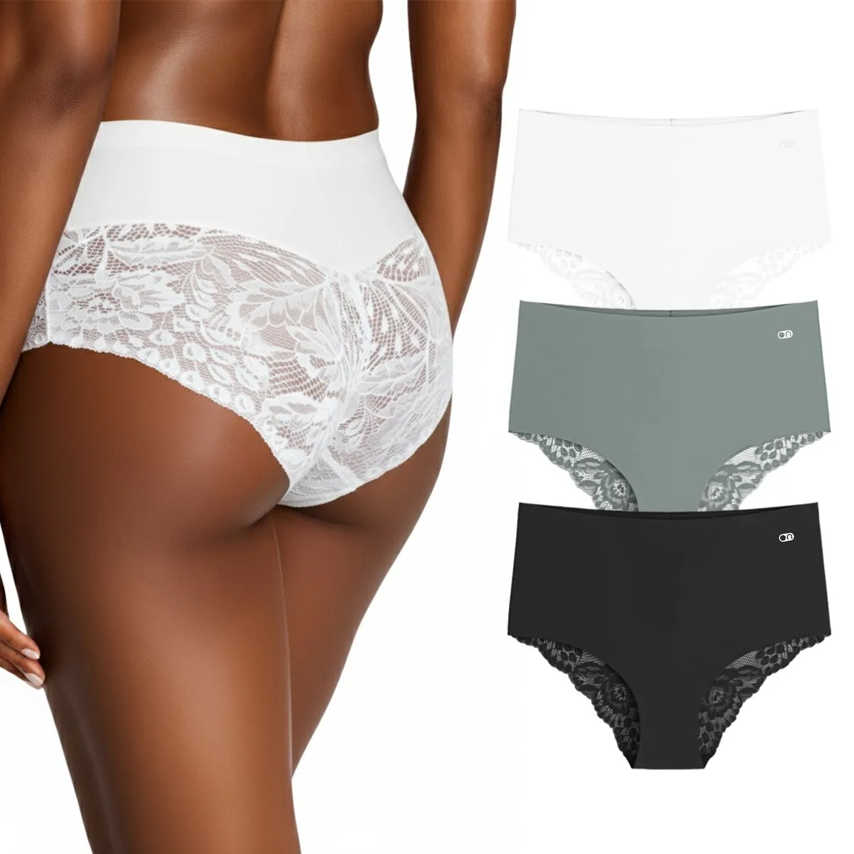Lekkon 3 Pack Lace High-Waisted Women Panties, Silky Microfiber Underwear - L (Black/White/Green)