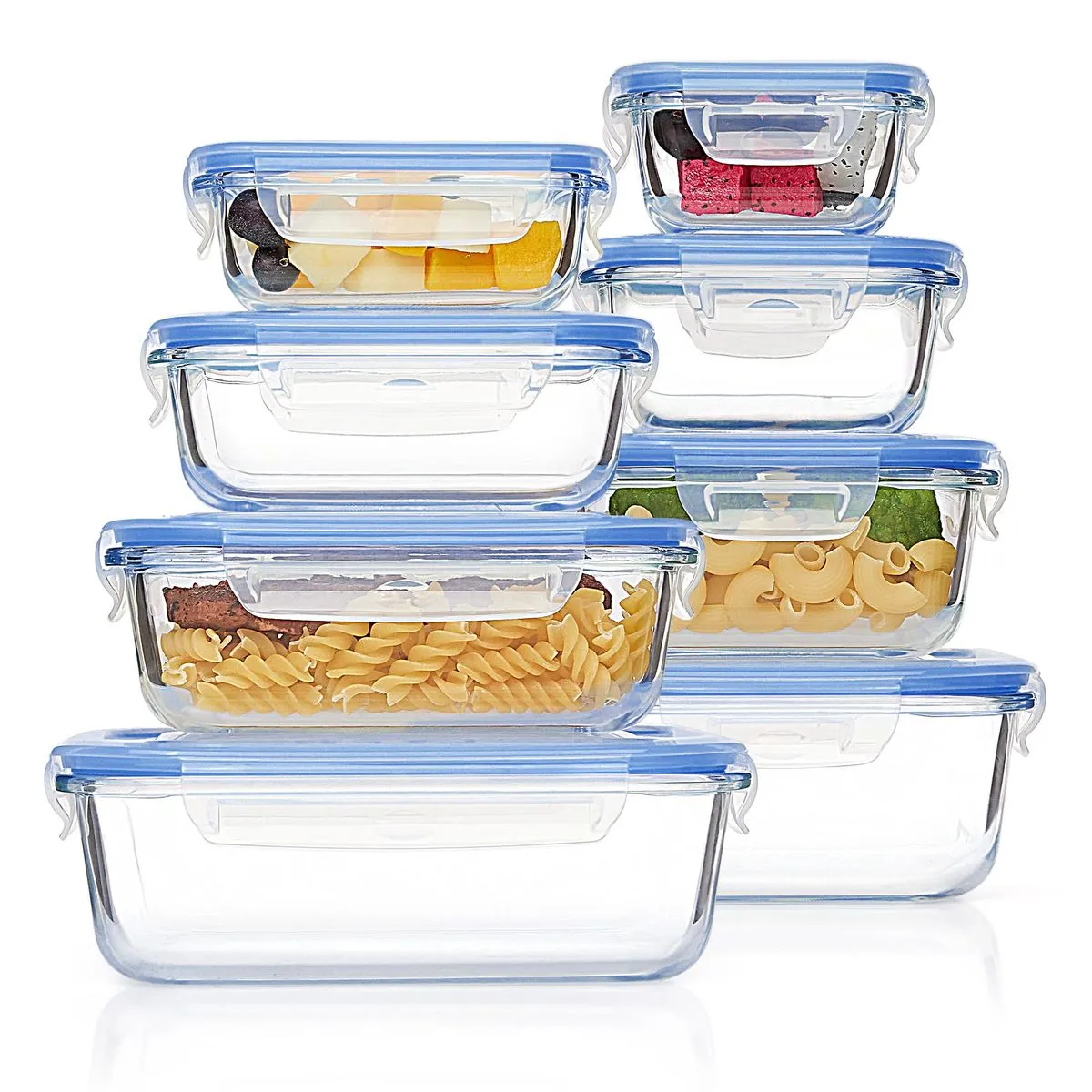 Glass Food Storage Containers with Lids, 8-Piece Leak-Proof Meal Prep Set - Blue