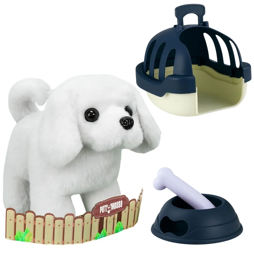 Plush Puppy Dog Carrier Playset - Electronic Teddy Pet - Toys for Toddlers - White, Blue