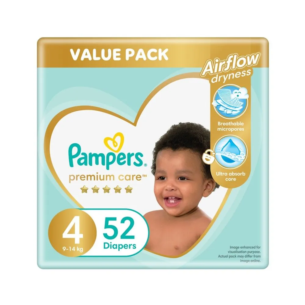 Pampers Premium Care Size 4 (9-14kg) 52 Nappies, Airflow Skin Comfort