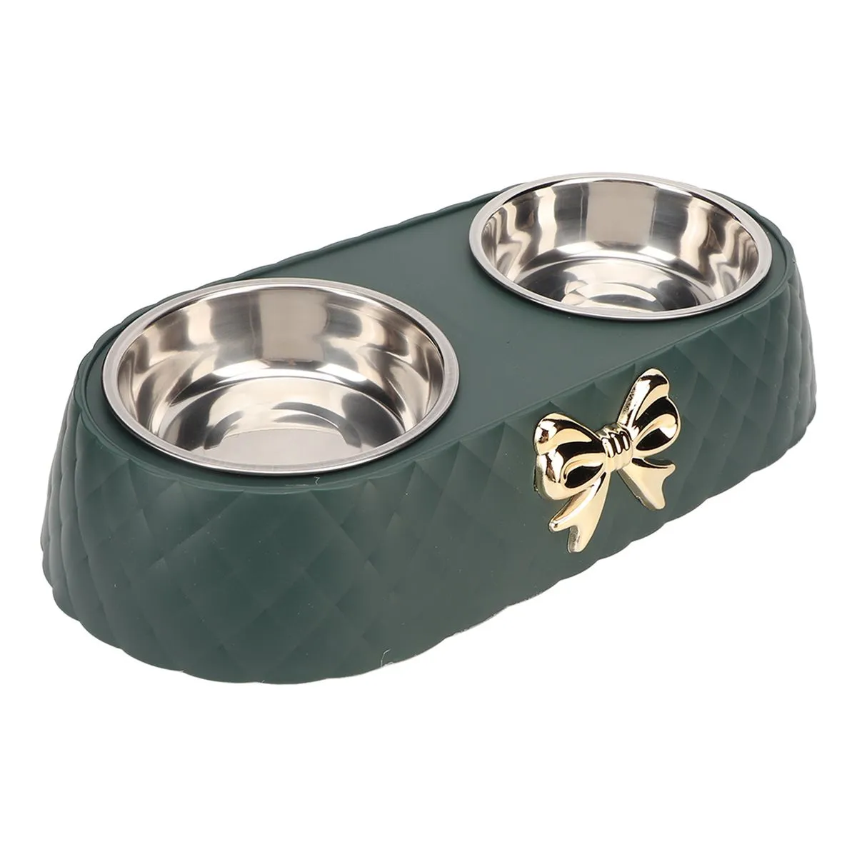 Double Pet Bowls Prevent Slip Stainless Steel, Food Water Bowls Bowknot - Green