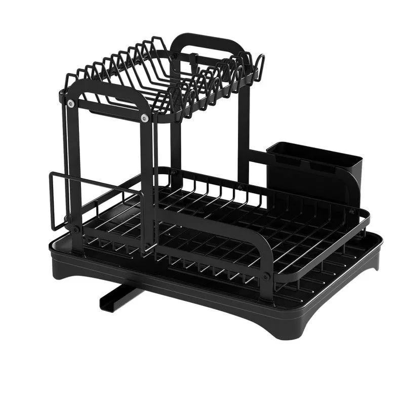 H Shape Kitchen Dish Drying Rack, 2-Tier Dish Rack with Drainboard - Black