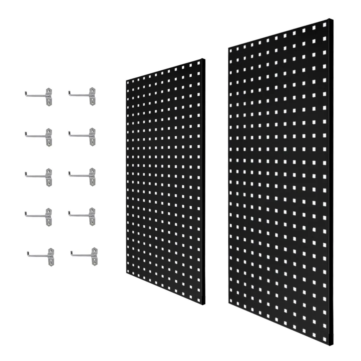 Large Wall Mounted Steel Pegboard Panels & 10 Hooks Set - 2 Piece - Black