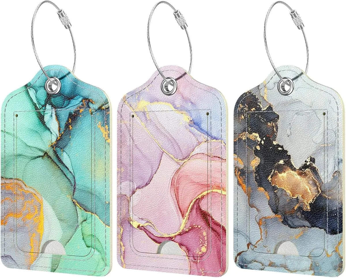 3Pack PU Leather Luggage Tags for Suitcases, Backpacks & Travel Bags