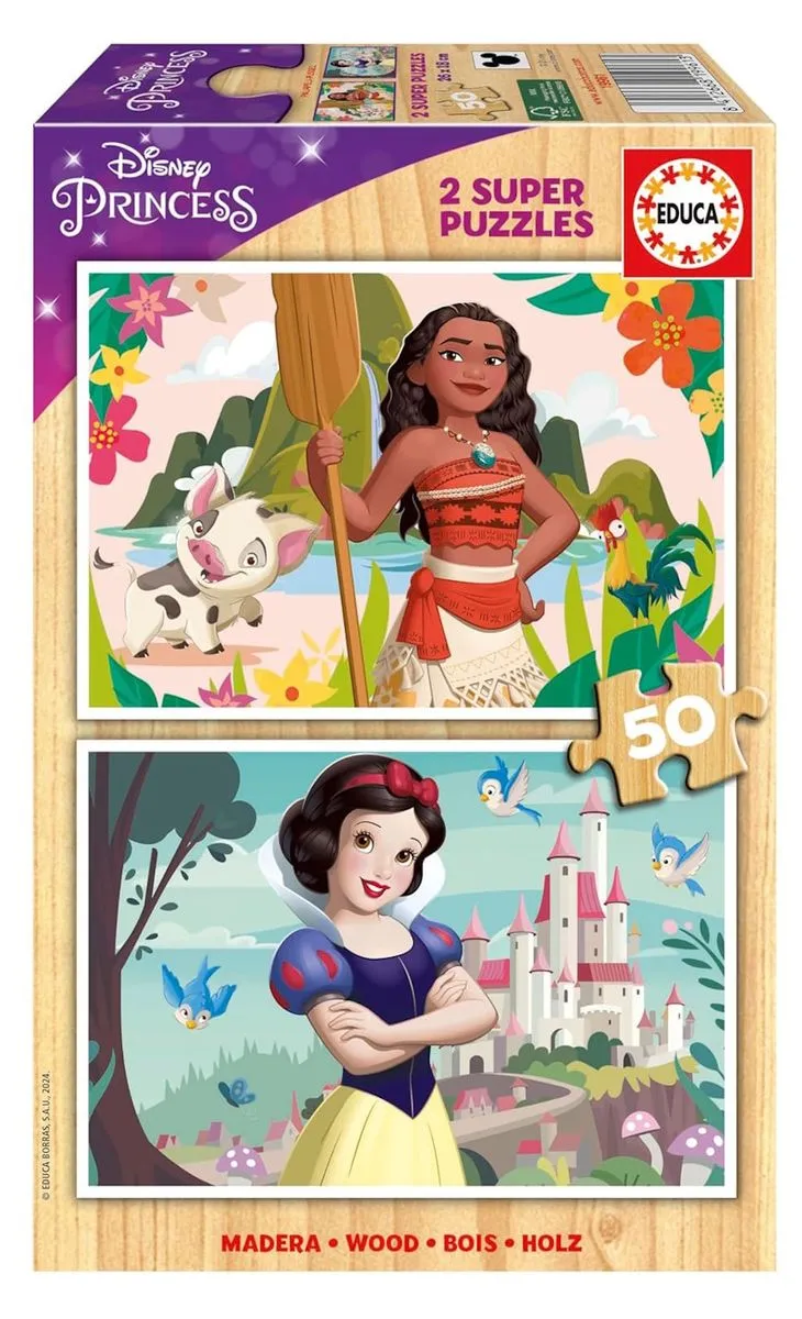 Educa Disney Princess - Moana & Snow White (2x50-piece) Wooden Puzzles