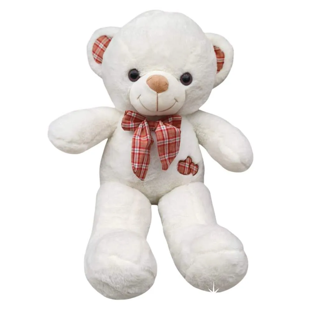 60cm Huggable Plush Teddy Bear with Bow Tie & Embroidered Hearts - Ivory White