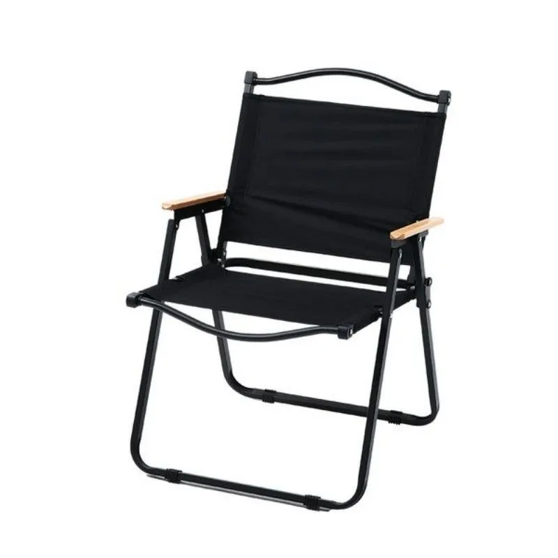 Foldable Portable Camping Chair with Handle and Wooden Armrests - Black