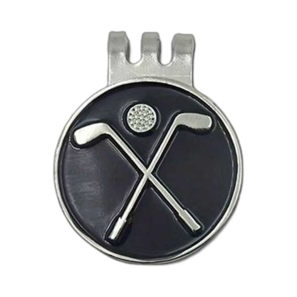 Magnetic Hat Clip with Removable Ball Marker - 2 Golf Clubs & Ball on Black