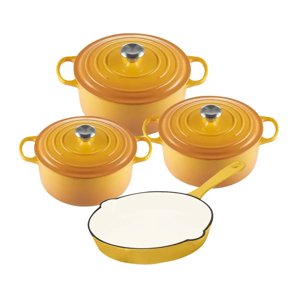 Stunning - 7 Piece New Design Dutch Pot Cookware Sets Cast Iron - 2 Tone Yellow