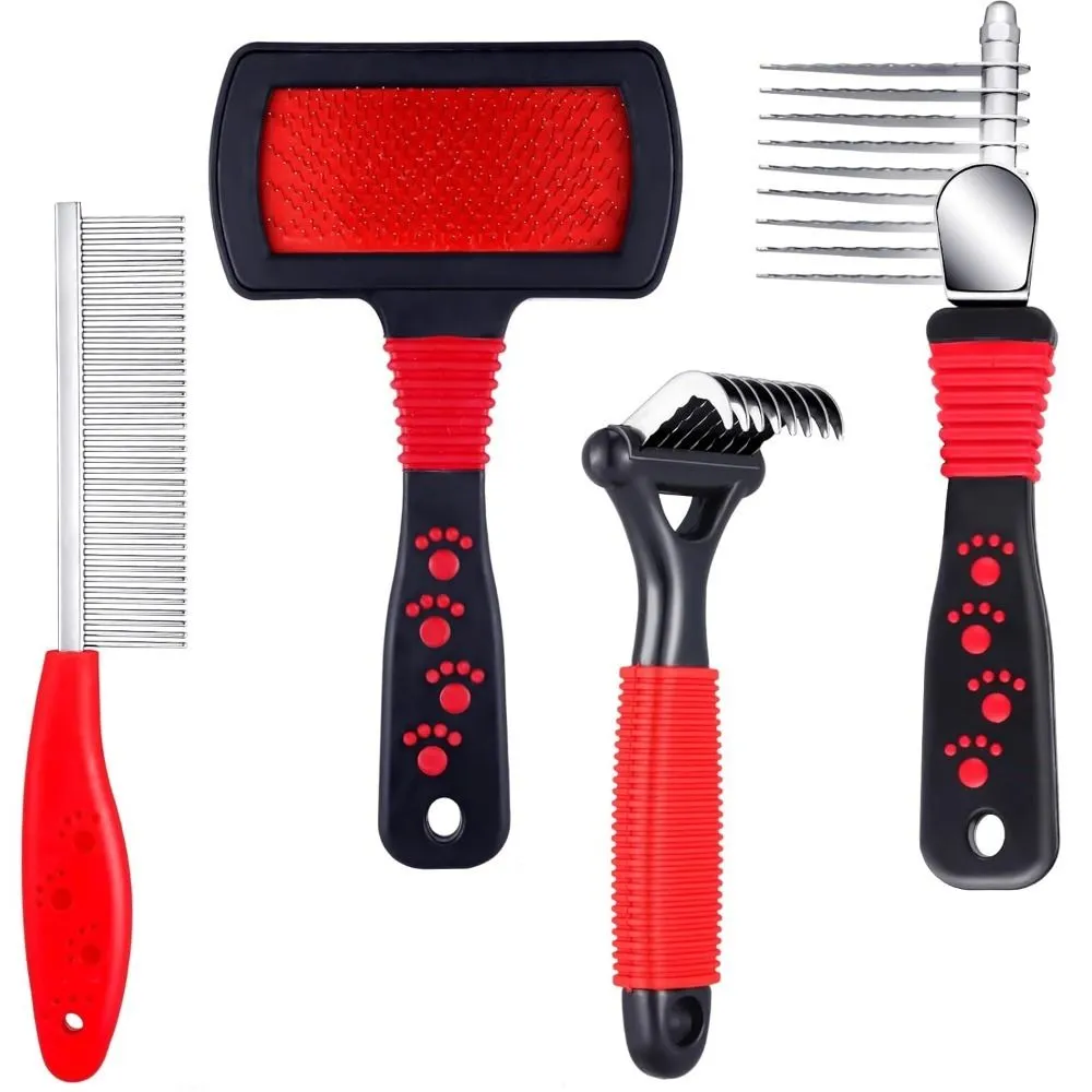 4 Pieces Pet Grooming Kit - Dematting Combs, Slicker Brush, and Steel Comb