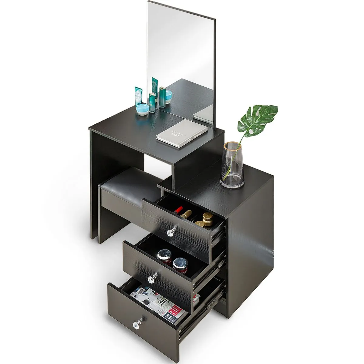 Dressing Table with Stool Vanity Desk Makeup Mirror Jewelry Storage - Black