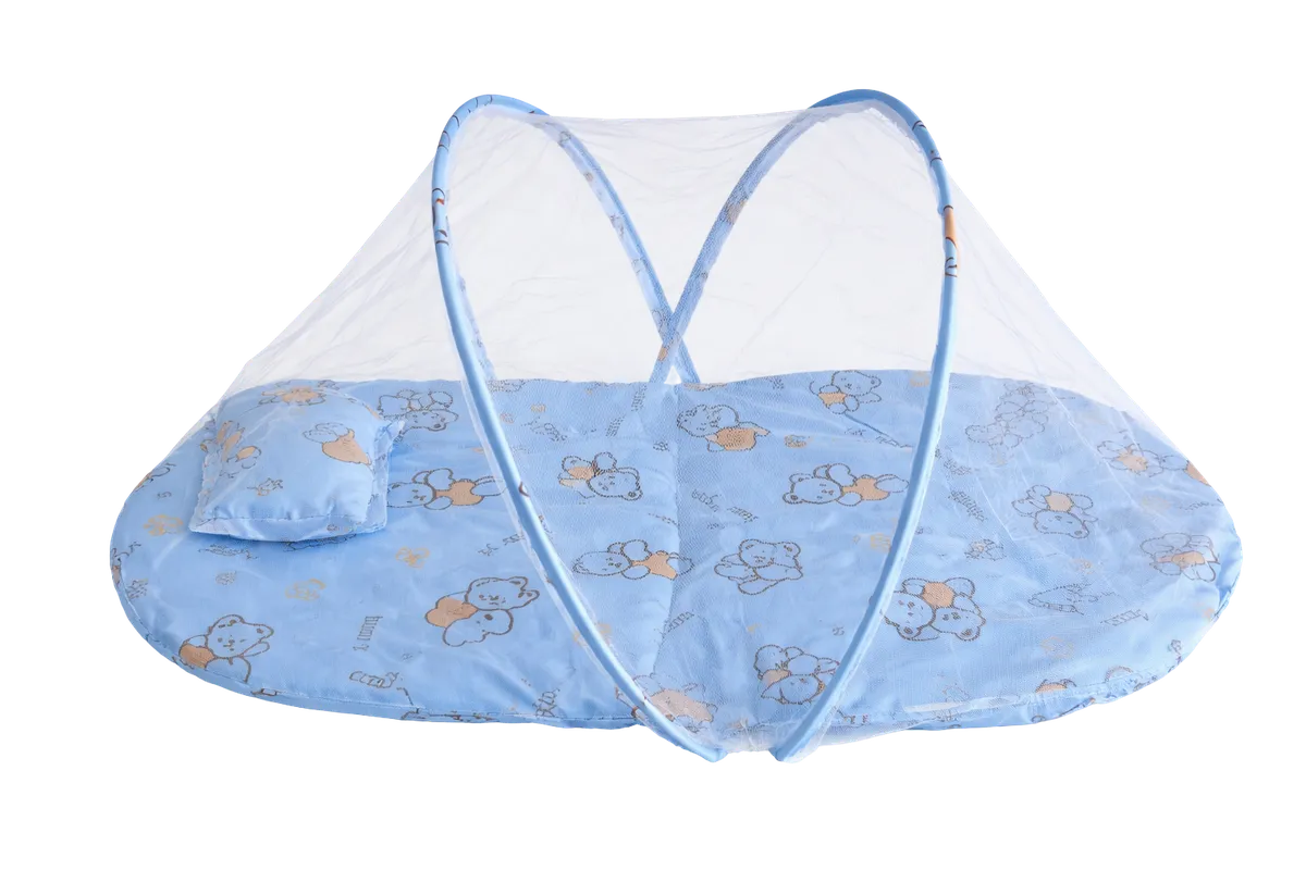 Portable Baby Bed with Mosquito Net & Pillow - Foldable Travel Sleep Tent - Blue Bear