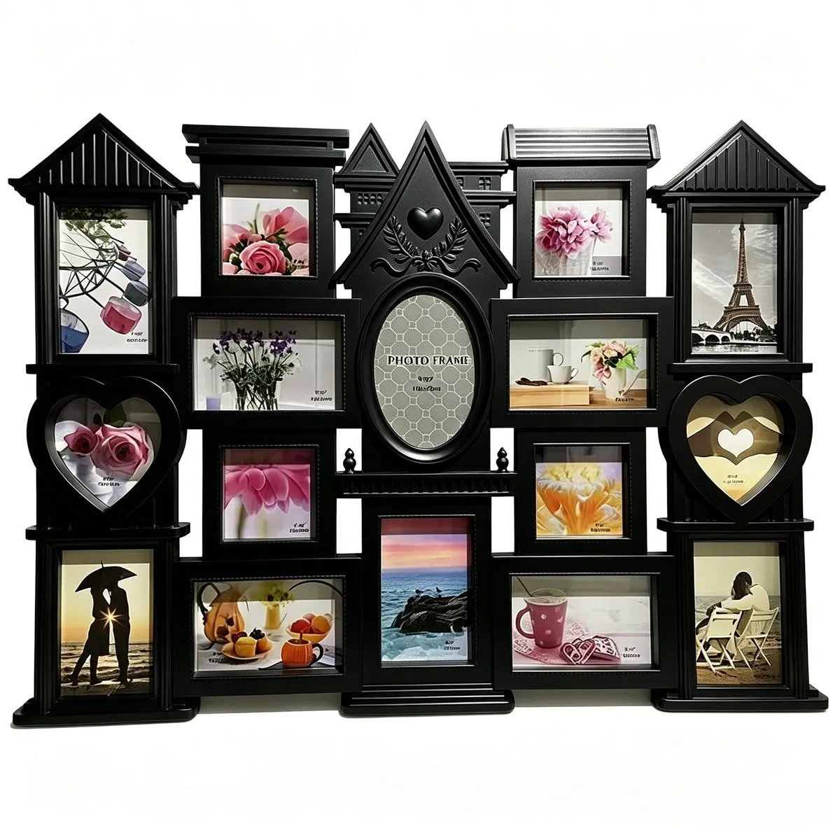 House Shaped Collage Photo Frame 15 Apertures Home Wall Decor 76x56cm - Black