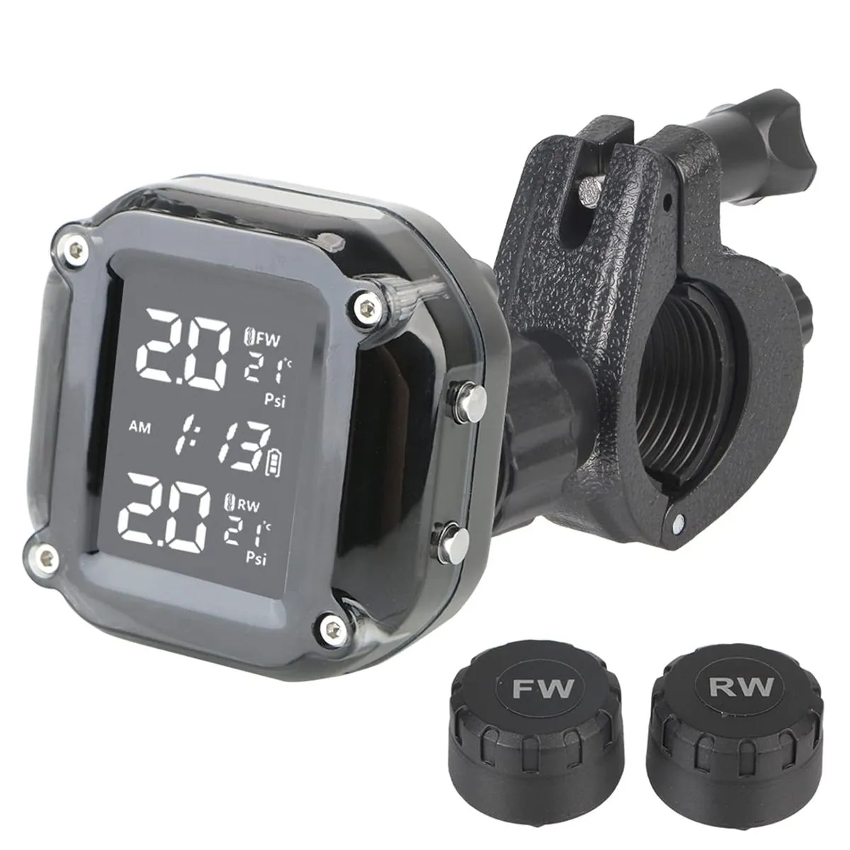 The motorcycle TPMS tire pressure monitoring system features two external