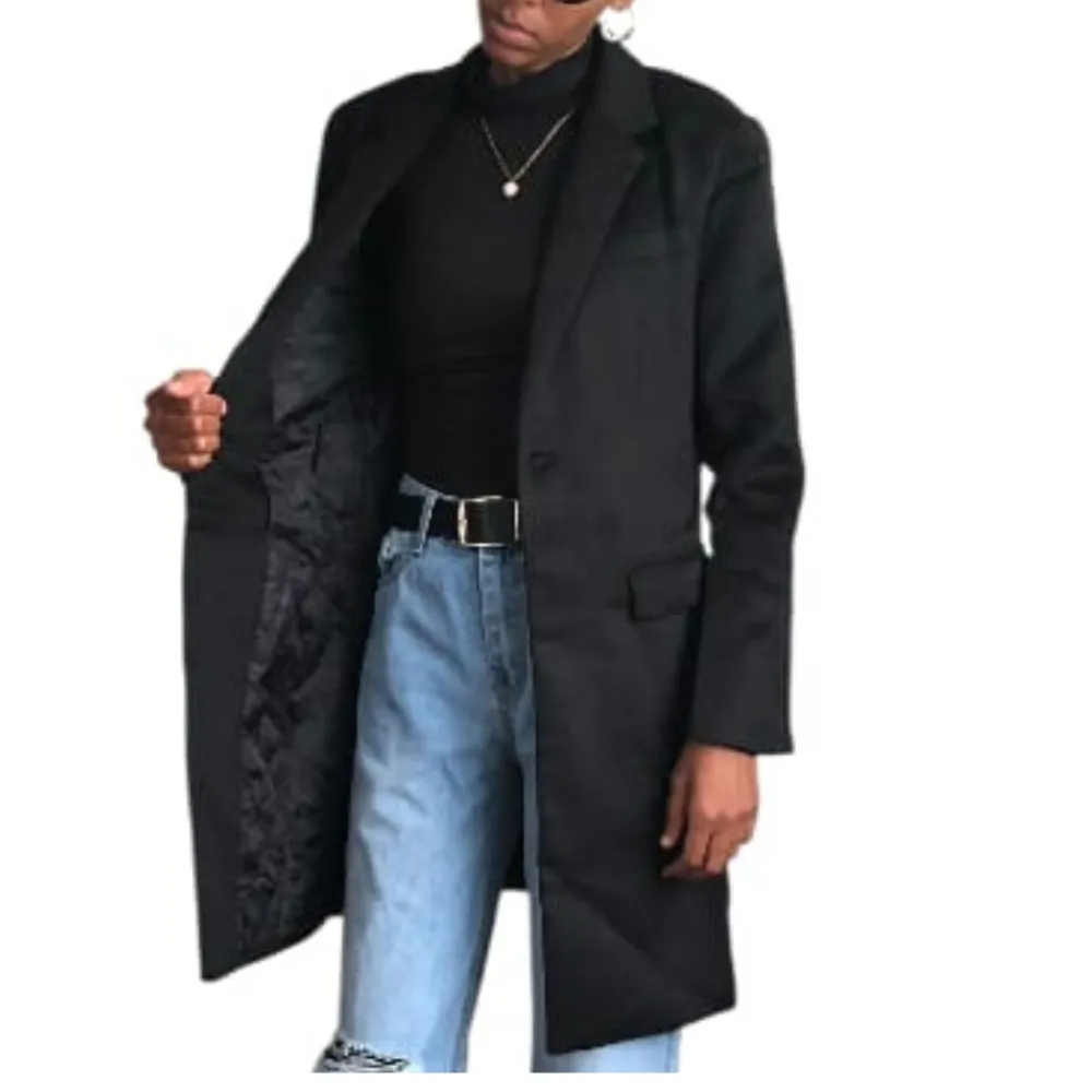 Unisex Black Polyester Fleece, Slim Dress Coat