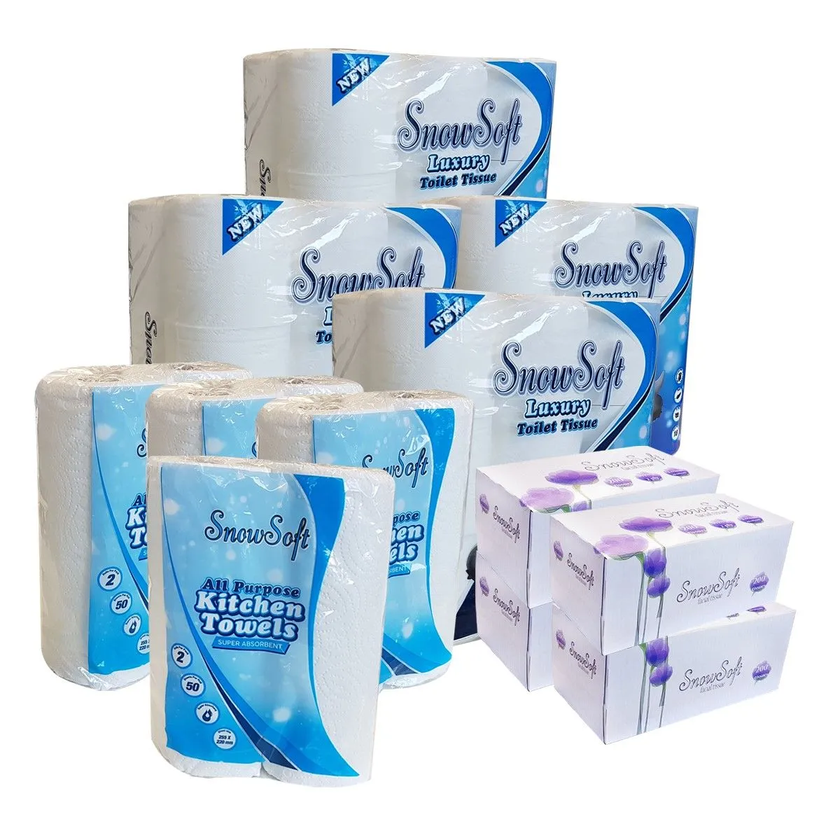 Snow Soft 2 Ply  Toilet Paper 72 Pack + Kitchen Towel 8 Pack + 4 Tissue Box