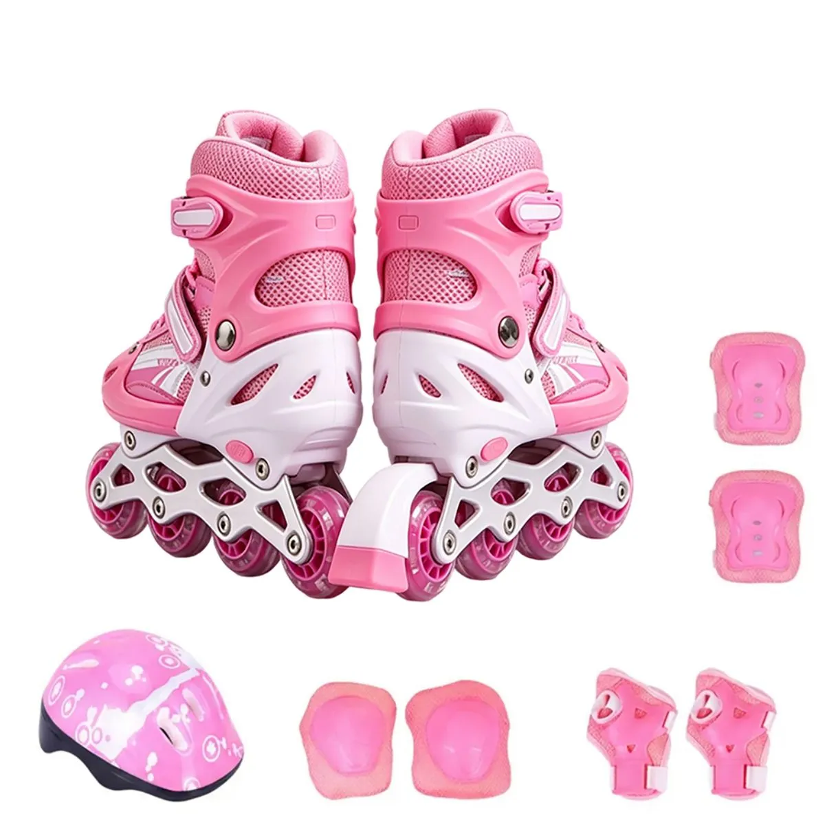 Pink Kids Adjustable Inline Skates with Helmet & Full Protective Pad Set