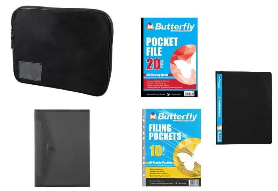 Stationery Pocket File, Folders & Book Bag Bundle (Black)