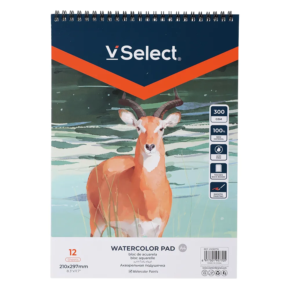 VSelect - A4 Watercolor Paper Pad, 300gsm, 12 Sheets, Spiral Bound - 1 pack