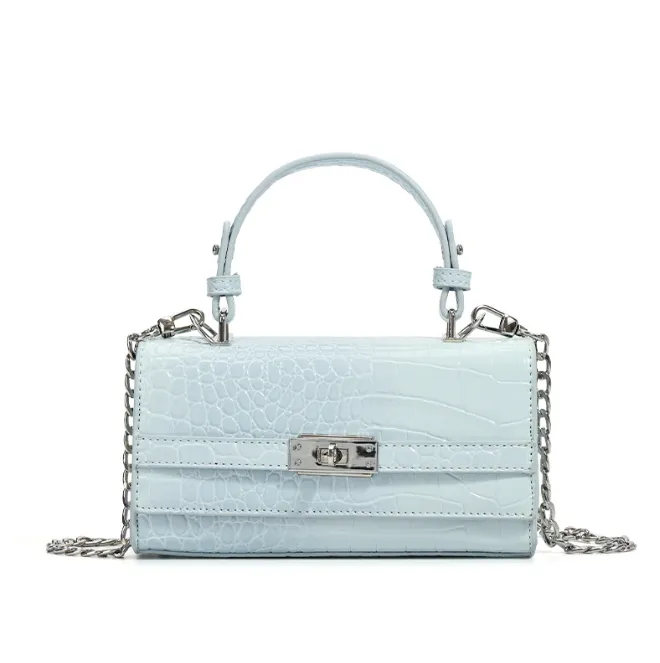 Light Blue Crocodile-Print PU Handbag Compatible with Casual/Party Looks