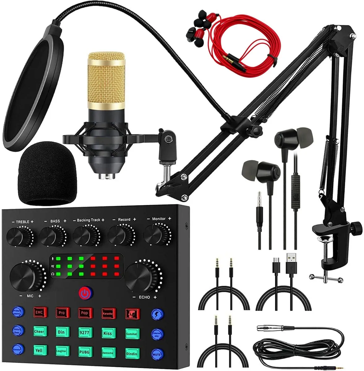 11 Piece All In One DJ Mixer & Studio Broadcast Microphone Set & Earphones