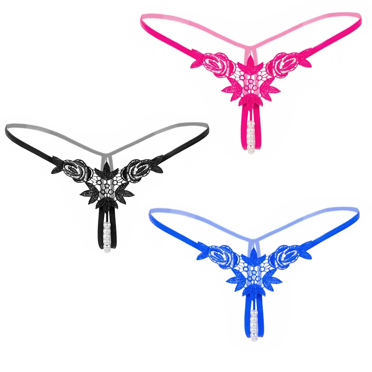 3 PK Women's Sexy Thong Embroidered Transparent Sexy Underwear One Size