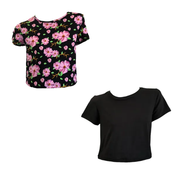 Maternity 2-Pack Short Sleeve DTY Crop Tops Black Flowers & Black
