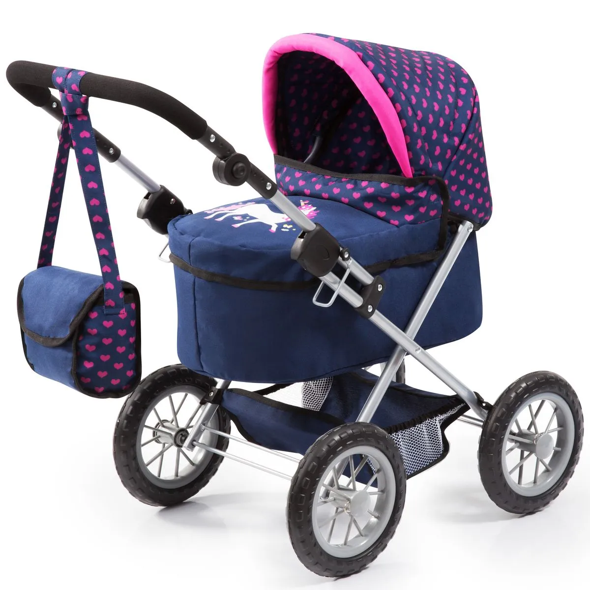 Bayer Trendy Dolls Pram - Unicorn (Blue/Pink) with shoulder bag (68cm Tall)