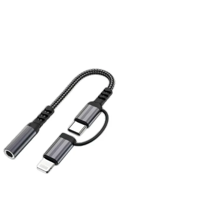 2-in-1 Lightning + Type-C to 3.5mm Audio Adapter, Nylon Braided, with Mic &
