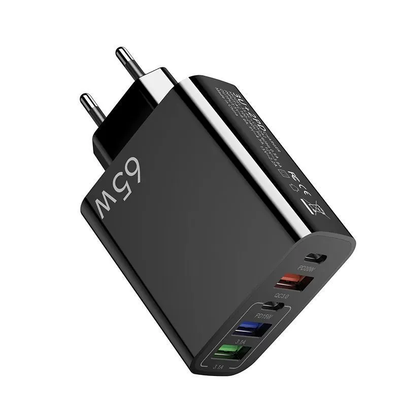 65W USB Quick Charge 3.0 Fast Charging 5 Ports Mobile Phone Charger Adapter - Black