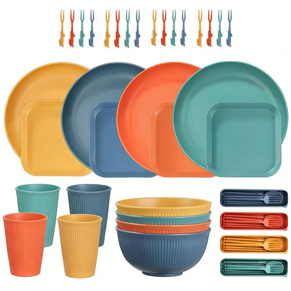 52-Piece Wheat Straw Dinnerware, Unbreakable Camping Serving Plate and Bowl