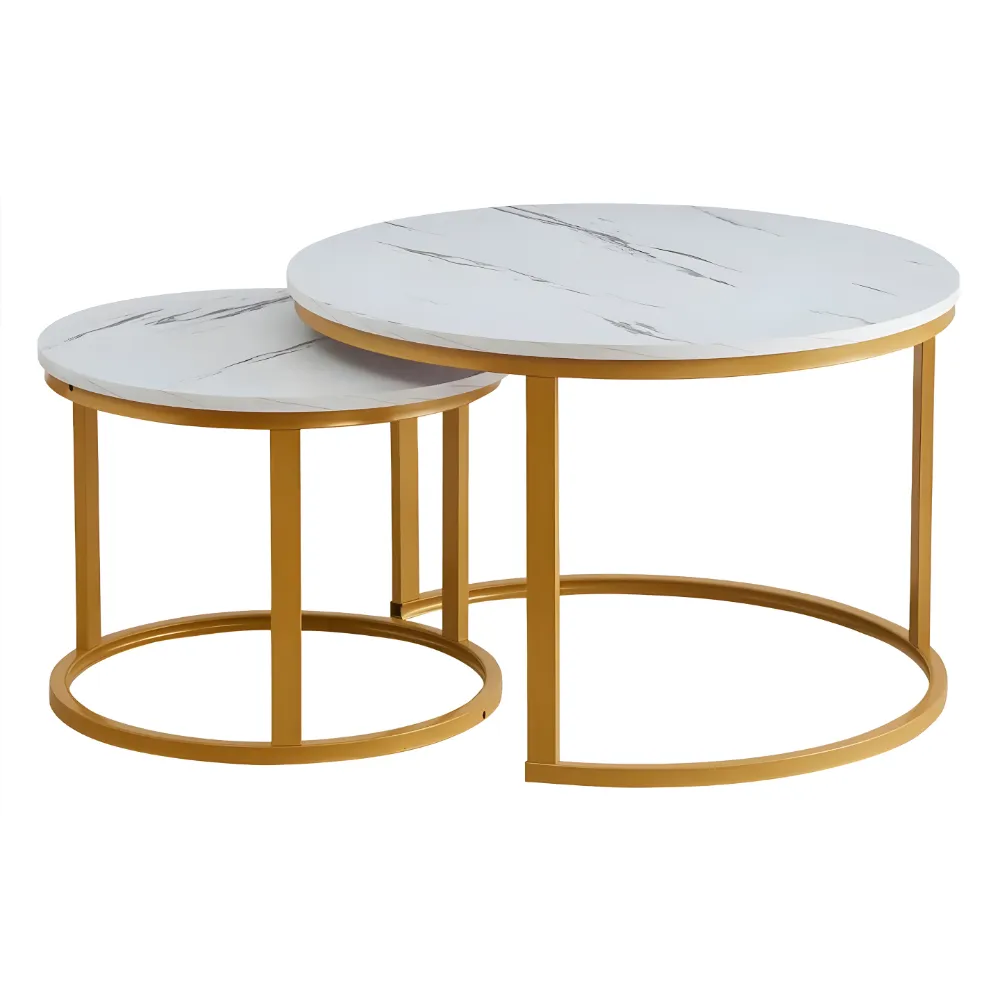 2pc Round Modern Space-Saving Nesting Side Tables with Marble Top Design