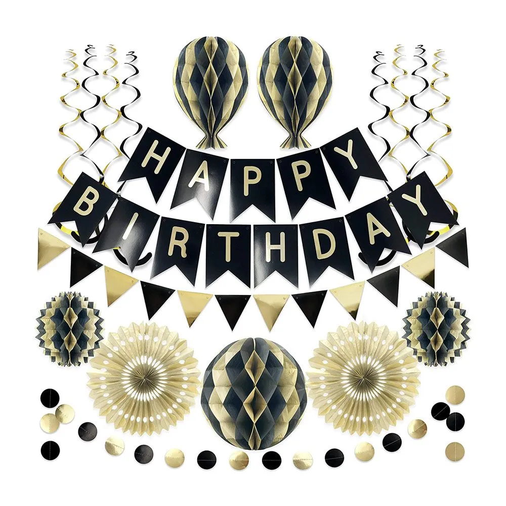 Birthday Decoration Set Black and Gold Flag Streamers Party Accessories