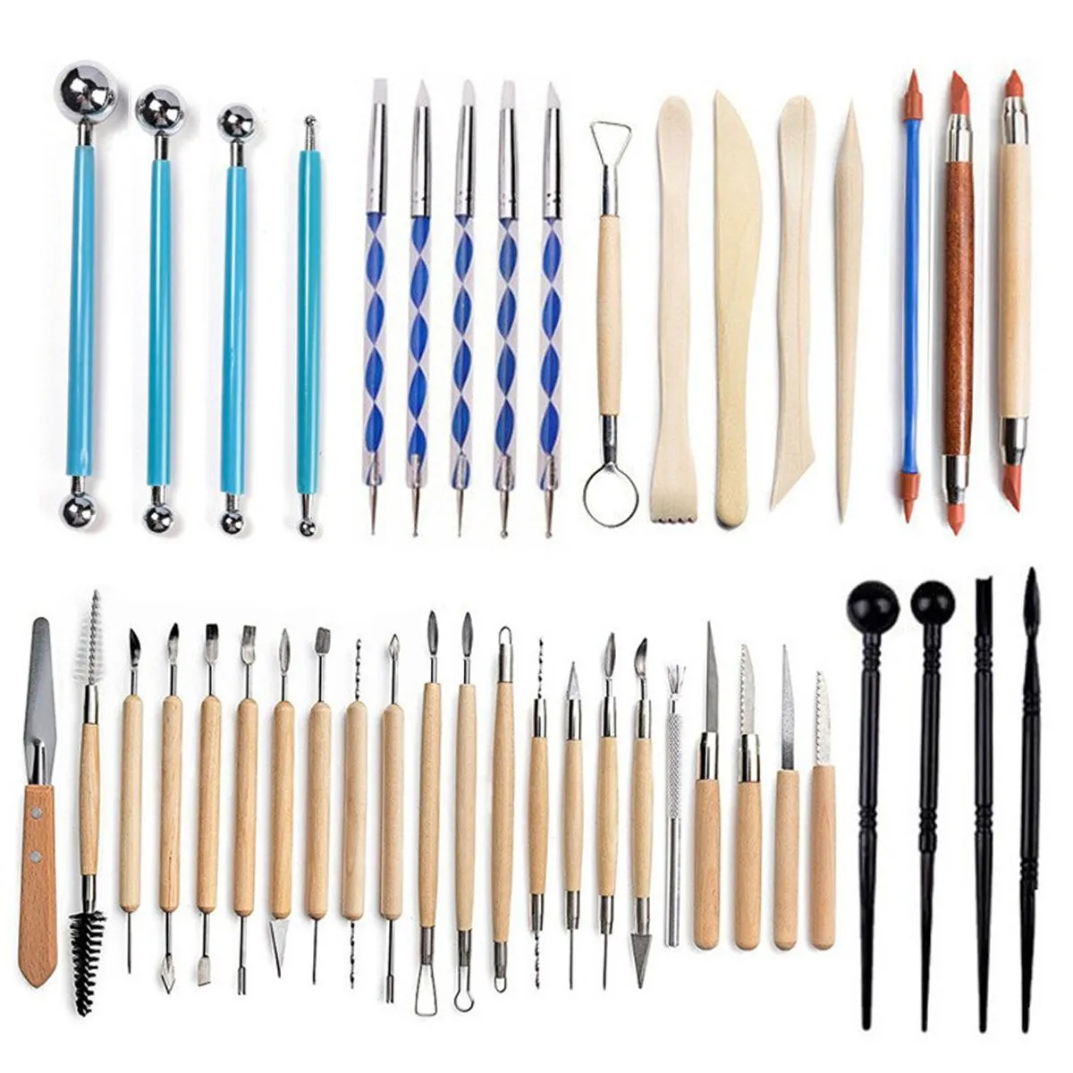 43 Pcs Pottery Clay Sculpting Tools Wooden Handle Carving with Cloth Bag