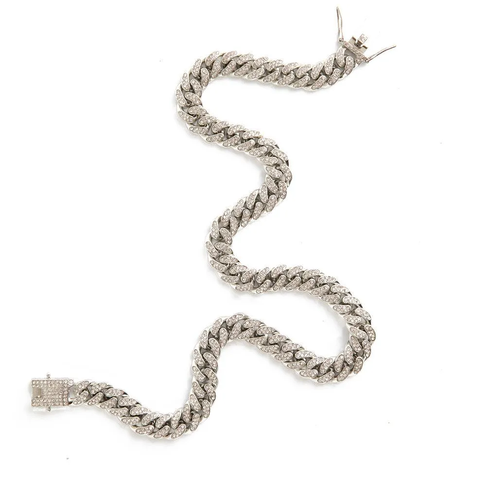 20" Cuban Iced Out Link 12mm Necklace with Zirconia Rhinestones - Silver