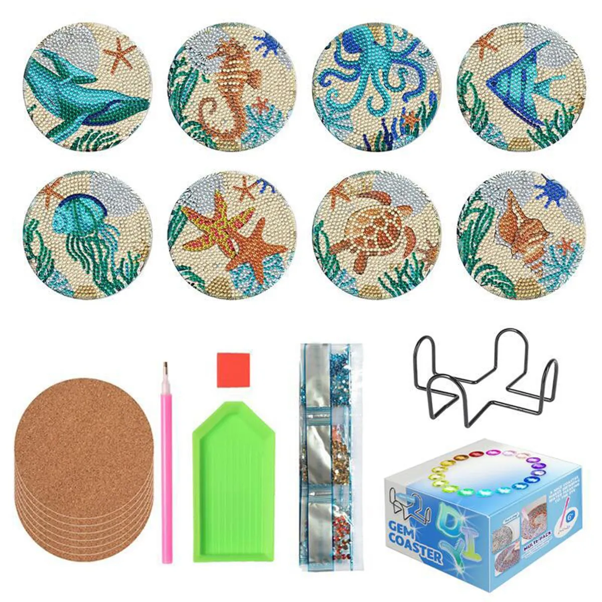 8 PCs Diamond Painting DIY Coasters Kit with Holder - Blue
