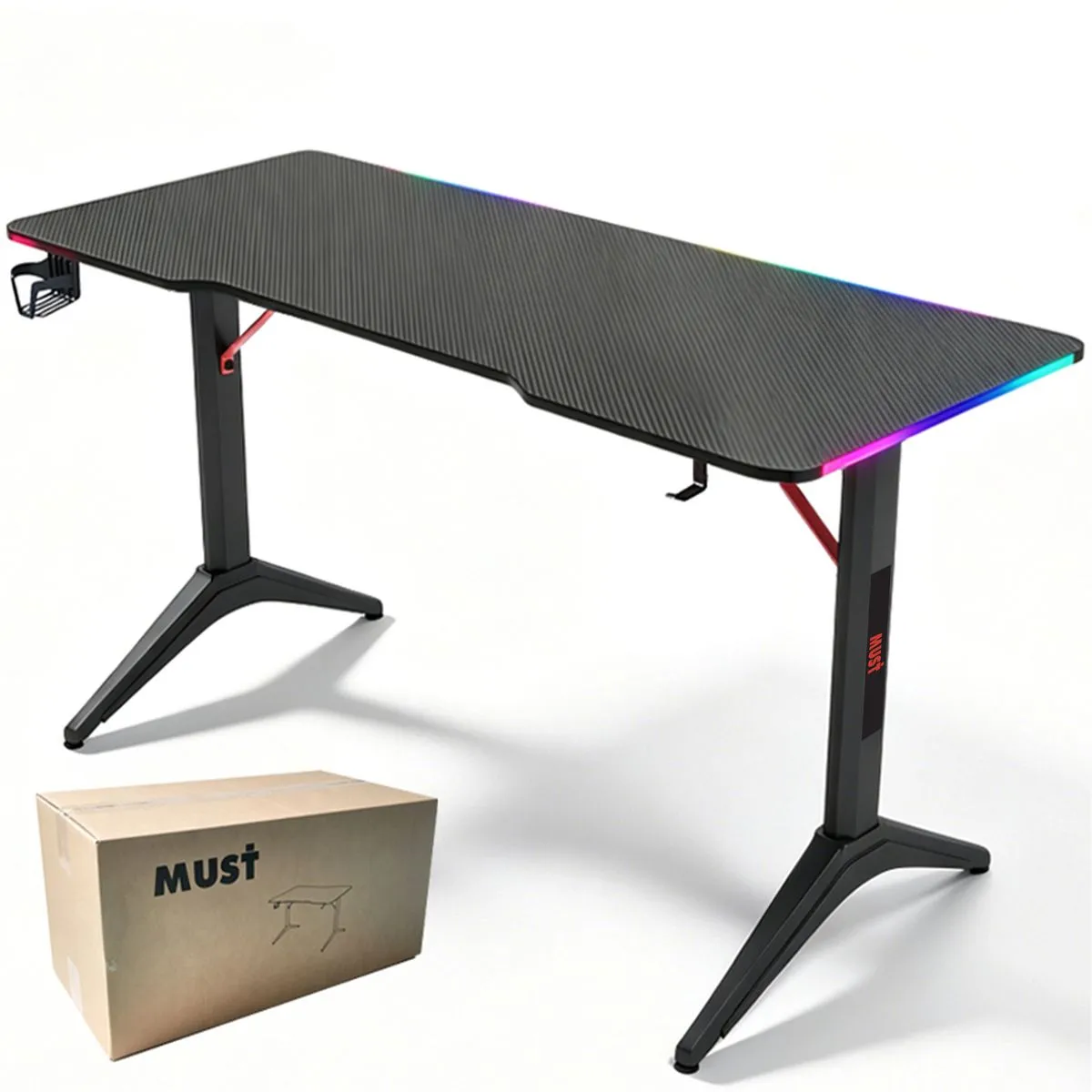 MUST Gaming Desk with LED lights Gamer Desk RGB Game Computer Desk for Home - Black