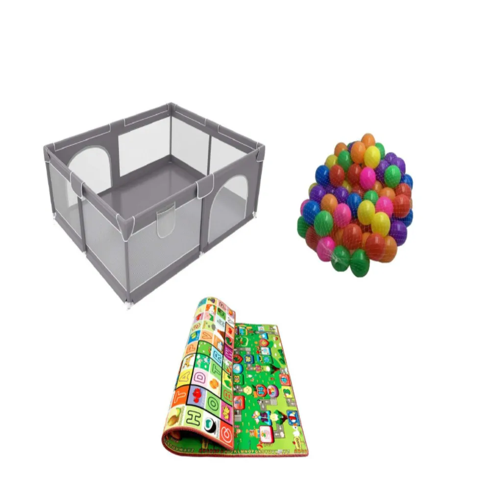 Baby Tummy Time Educational Mat With 50 Soft Balls And Large Play Pen - Grey