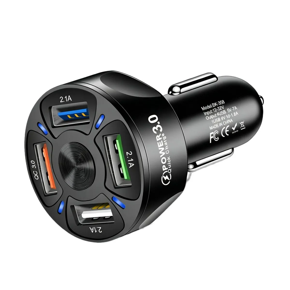 Black 7A QC3.0 4-Port Car Charger Fast